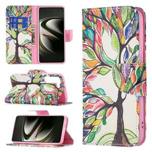 huismerk Voor Samsung Galaxy S22 5G Gekleurde Tekening Patroon Horizontale Flip Phone Lederen Case met Houder & Card Slots & Portemonnee (Tree Life)