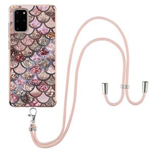 huismerk Voor Samsung Galaxy S20 + Electroplating Pattern IMD TPU Shockproof Case met neklanyard (roze schubben)