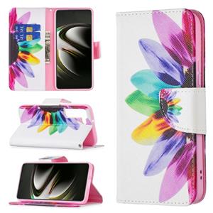 huismerk Voor Samsung Galaxy S22 5G Gekleurde Tekening Patroon Horizontale Flip Phone Lederen Case met Houder & Card Slots & Portemonnee (Sun Flower)