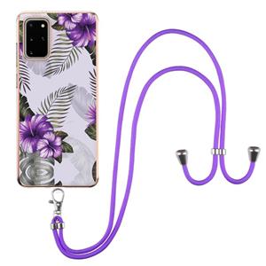 huismerk Voor Samsung Galaxy S20 + Electroplating Pattern IMD TPU Shockproof Case met Neck Lanyard (Purple Flower)