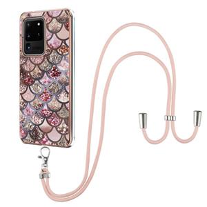 huismerk Voor Samsung Galaxy S20 Ultra Electroplating Pattern IMD TPU Shockproof Case met neklanyard (roze schubben)