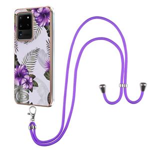 huismerk Voor Samsung Galaxy S20 Ultra Electroplating Pattern IMD TPU Shockproof Case met Neck Lanyard (Purple Flower)