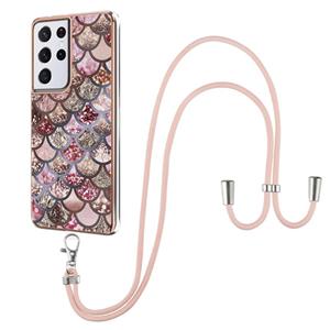 huismerk Voor Samsung Galaxy S21 Ultra 5G Electroplating Pattern IMD TPU Shockproof Case met Neck Lanyard (roze schubben)