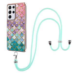 huismerk Voor Samsung Galaxy S21 Ultra 5G Electroplating Pattern IMD TPU Shockproof Case met neklanyard (kleurrijke schalen)