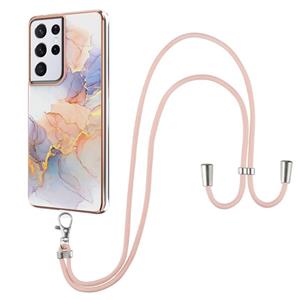 huismerk Voor Samsung Galaxy S21 Ultra 5G Electroplating Pattern IMD TPU Shockproof Case met Neck Lanyard (Milky Way White Marble)