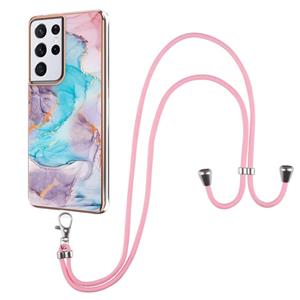 huismerk Voor Samsung Galaxy S21 Ultra 5G Electroplating Pattern IMD TPU Shockproof Case met Neck Lanyard (Milky Way Blue Marble)