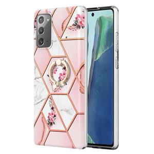 huismerk Voor Samsung Galaxy Note20 Splicing Marble Flower Patroon TPU Ring Holder Case (Pink Flower)