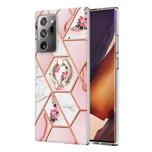 huismerk Voor Samsung Galaxy Note20 Ultra Splicing Marble Flower Patroon TPU Ring Holder Case (Pink Flower)