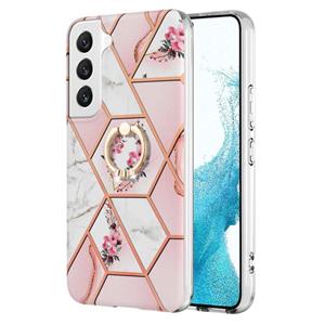 huismerk Voor Samsung Galaxy S22 5G splitsen marmeren bloempatroon TPU ringhouder (roze bloem)