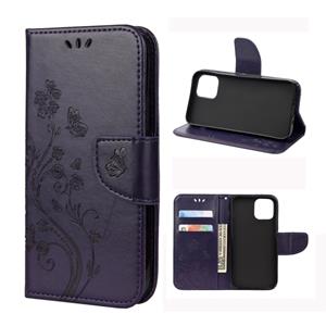 huismerk Voor iPhone 12 Butterfly Flower Pattern Horizontale Flip Lederen case met Holder & Card Slots & Wallet(Deep Purple)