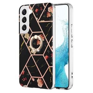 huismerk Voor Samsung Galaxy S22+ 5G splitsen marmeren bloempatroon TPU ringhouder (zwarte bloem)