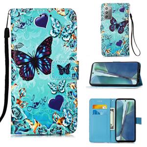 huismerk Voor Samsung Galaxy Note20 Gekleurd tekenpatroon Plain Weave Horizontale Flip Lederen case met Holder & Card Slot & Wallet & Lanyard(Caring Butterfly)