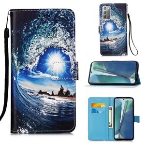 huismerk Voor Samsung Galaxy Note20 Gekleurd tekenpatroon Plain Weave Horizontale Flip Lederen case met Holder & Card Slot & Wallet & Lanyard(Waves And Sun)