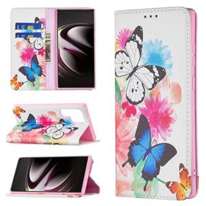 huismerk Voor Samsung Galaxy S22 Ultra 5G Gekleurde Tekening Patroon Onzichtbare Magnetische Horizontale Flip Phone Lederen Case met Houder & Card Slots & Port