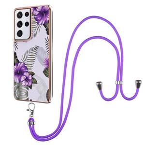 huismerk Voor Samsung Galaxy S21 Ultra 5G Electroplating Pattern IMD TPU Shockproof Case met Neck Lanyard (Purple Flower)