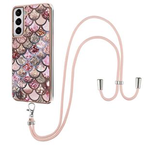 huismerk Voor Samsung Galaxy S21 + 5G Electroplating Pattern IMD TPU Shockproof Case met neklanyard (roze schubben)