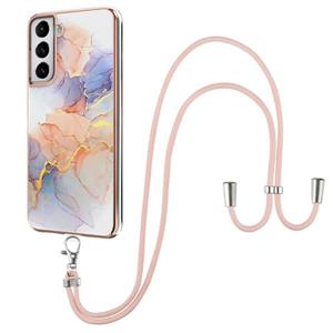 huismerk Voor Samsung Galaxy S21 + 5G Electroplating Pattern IMD TPU Shockproof Case met Neck Lanyard (Milky Way White Marble)