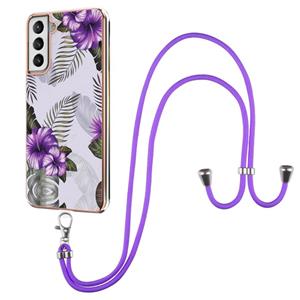 huismerk Voor Samsung Galaxy S21 + 5G Electroplating Pattern IMD TPU Shockproof Case met Neck Lanyard (Purple Flower)