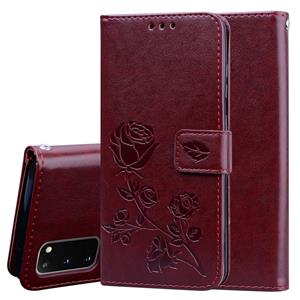 huismerk Voor Galaxy S20 Rose Embossed Horizontal Flip PU Leather Case met Holder & Card Slots & Wallet(Brown)