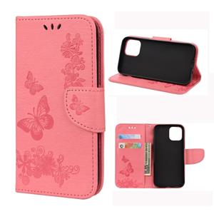 huismerk Voor iPhone 12 Vintage Reliëf Bloemenvlinderpatroon Horizontaal Flip Lederen hoesje met kaartslot & portemonnee & broek & lanyard(roze)