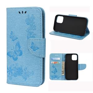 huismerk Voor iPhone 12 Vintage Reliëf Bloemenvlinder patroon Horizontaal Flip Lederen hoesje met kaartslot & portemonnee & lanyard(blauw)