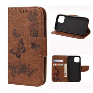 huismerk Voor iPhone 12 Vintage Reliëf Bloemenvlinder patroon Horizontaal Flip Lederen hoesje met kaartslot & portemonnee & broek & lanyard(bruin)