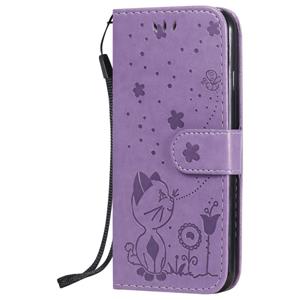 huismerk Voor iPhone 6 Cat Bee Embossing Pattern Shockproof Horizontale Flip Lederen Case met Holder & Card Slots & Wallet(Paars)