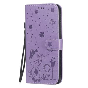 huismerk Voor iPhone 7 / 8 / SE 2020 Cat Bee Embossing Pattern Shockproof Horizontale Flip Lederen Case met Holder & Card Slots & Wallet(Paars)