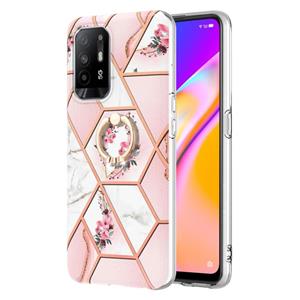 huismerk Voor OPPO A94 5G / A95 5G Splicing Marble Flower Patroon TPU Ringhouder (roze bloem)