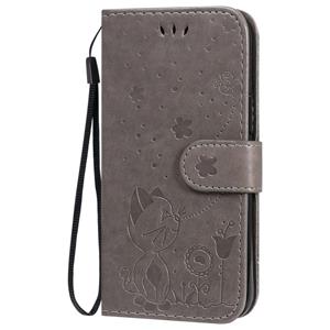 huismerk Voor iPhone 12 Cat Bee Embossing Pattern Shockproof Horizontale Flip Lederen Case met Holder & Card Slots & Wallet(Grijs)