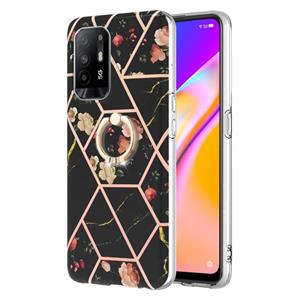 huismerk Voor OPPO A94 5G / A95 5G Splicing Marble Flower Patroon TPU Ring Holder Case (Black Flower)