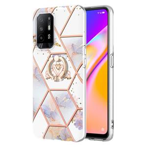 huismerk Voor Oppo A94 5G / A95 5G Splicing Marble Flower Patroon TPU Ring Holder Case (Imperial Crown)