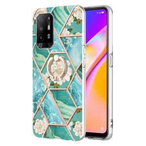 huismerk Voor OPPO A94 5G / A95 5G Splicing Marble Flower Patroon TPU Ring Holder Case (blauwe bloem)