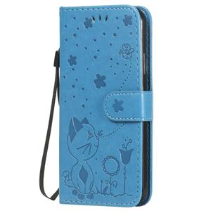 huismerk Voor iPhone X / XS Cat Bee Embossing Pattern Shockproof Horizontale Flip Lederen Case met Holder & Card Slots & Wallet(Blauw)