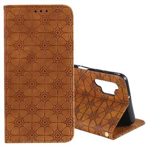 huismerk Voor Samsung Galaxy A32 5G Lucky Flowers Embossing Patroon Magnetische Horizontale Flip Lederen Case met Houder & Card Slots (Geel Bruin)