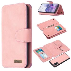 huismerk Voor Samsung Galaxy S20 Afneembare Frosted Magnetic Horizontal Flip PU Lederen case met kaartslots & houder & ritsportemonnee & fotoframe(roze)