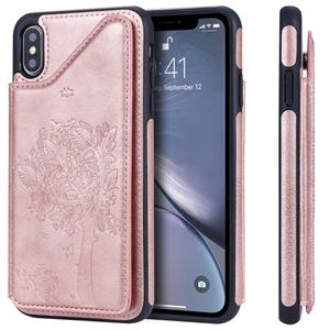 huismerk Voor iPhone XS Max kat boom reliëf patroon schokbestendige beschermhoes met kaartsleuven & fotolijstjes (Rose goud)