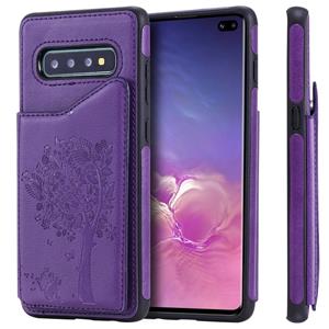 huismerk Voor Galaxy S10 PLUS kat boom reliëf patroon schokbestendige beschermende case met kaartsleuven & fotolijstjes (paars)