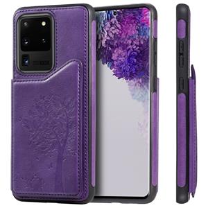 huismerk Voor Galaxy S20 Ultra Cat Tree Embossing Pattern Shockproof Protective Case met Card Slots & Photo Frame(Purple)