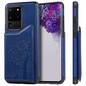 huismerk Voor Galaxy S20 Ultra Cat Tree Embossing Pattern Shockproof Protective Case met Card Slots & Photo Frame(Blauw)