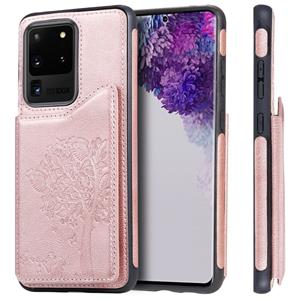 huismerk Voor Galaxy S20 Ultra Cat Tree Embossing Pattern Shockproof Protective Case met card slots & photo frame(Rose Gold)