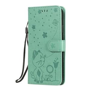 huismerk Voor iPhone XR Cat Bee Embossing Pattern Shockproof Horizontale Flip Lederen case met Holder & Card Slots & Wallet(Groen)