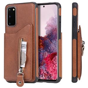 huismerk Voor Galaxy S20 Solid Color Double Buckle Zipper Shockproof Protective Case (Bruin)