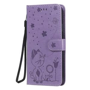 huismerk Voor iPhone XR Cat Bee Embossing Pattern Shockproof Horizontale Flip Lederen Case met Holder & Card Slots & Wallet(Paars)