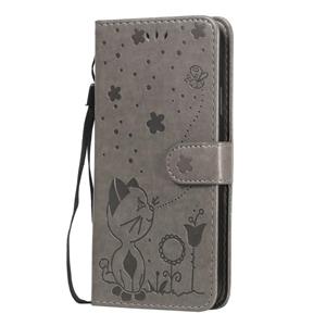 huismerk Voor iPhone XR Cat Bee Embossing Pattern Shockproof Horizontale Flip Lederen case met Holder & Card Slots & Wallet(Grijs)