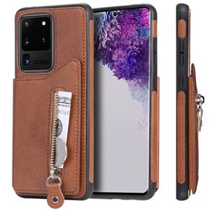 huismerk Voor Galaxy S20 Ultra Solid Color Double Buckle Zipper Shockproof Protective Case (Bruin)