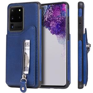 huismerk Voor Galaxy S20 Ultra Solid Color Double Buckle Zipper Shockproof Protective Case(Blauw)