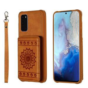 huismerk Voor Galaxy S20 Sun Flower Pattern Embossed Horizontal Drop-proof Mobile Phone Case with Card Slots & Wallet & Photo Holder & Stand Function(Brown)