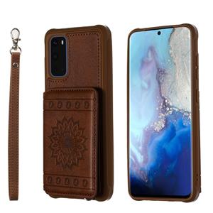 huismerk Voor Galaxy S20 Sun Flower Pattern Embossed Horizontal Drop-proof Mobile Phone Case with Card Slots & Wallet & Photo Holder & Stand Function(Coffee)