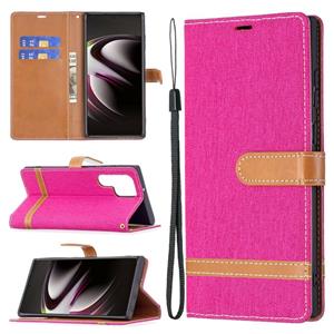 huismerk Voor Samsung Galaxy S22 Ultra 5G Kleur Matching Denim Texture Lederen Case met Houder & Card Slots & Wallet & Lanyard (Rose Red)